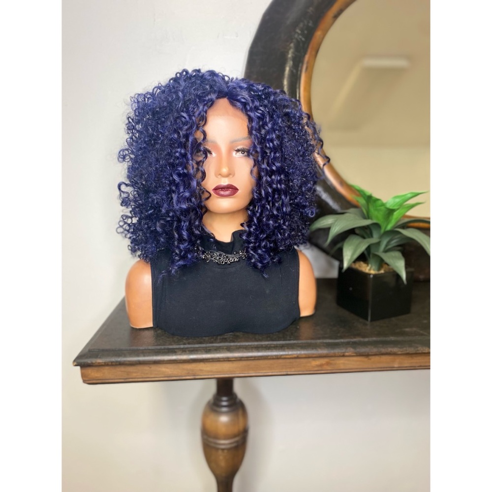 BLU | KINKY CURLY BLUE BLACK CURVE PART LACE FRONT WIG